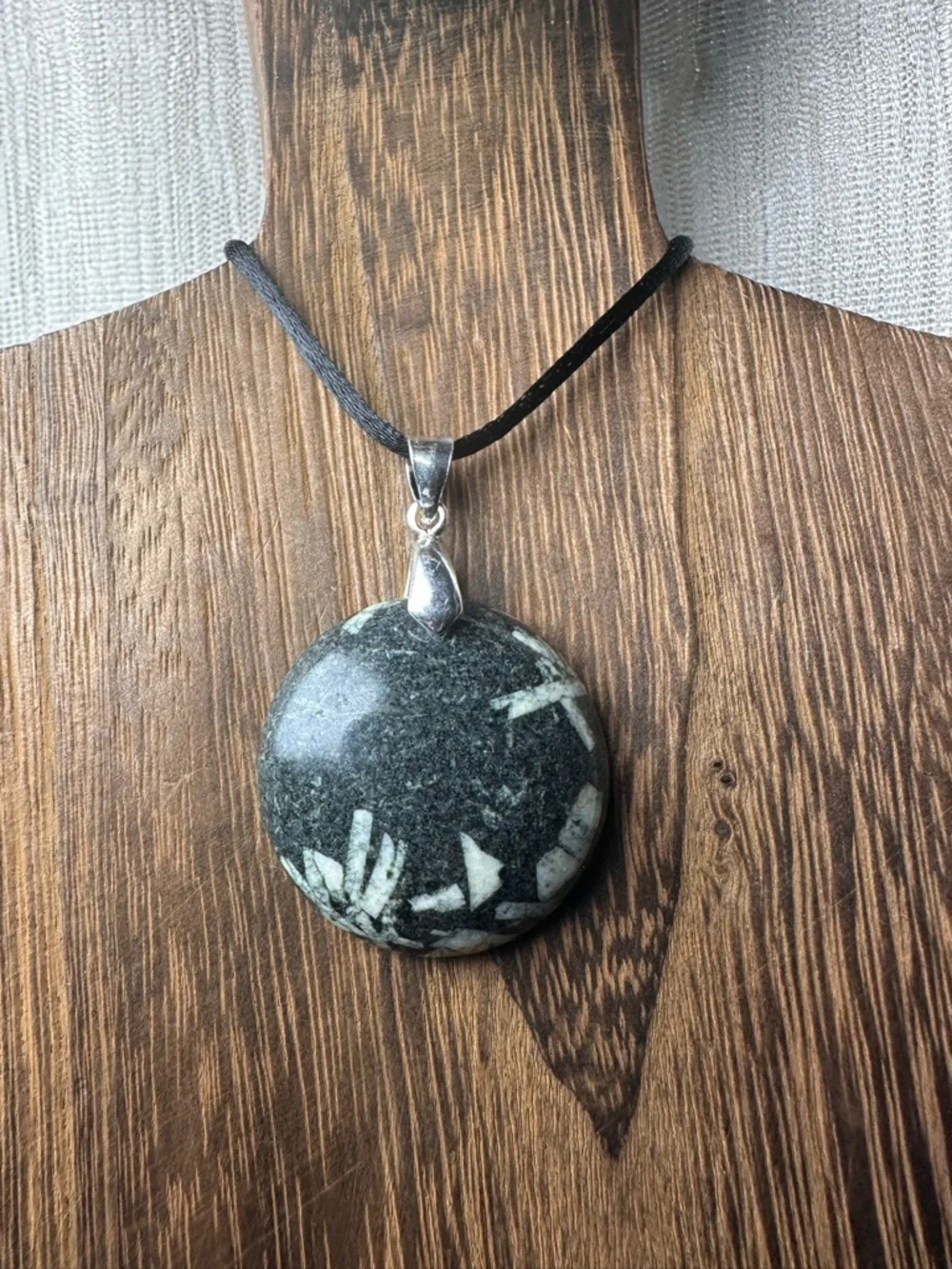 Round Chinese Writing Stone Pendant Necklace on Black Rope, Sterling Silver